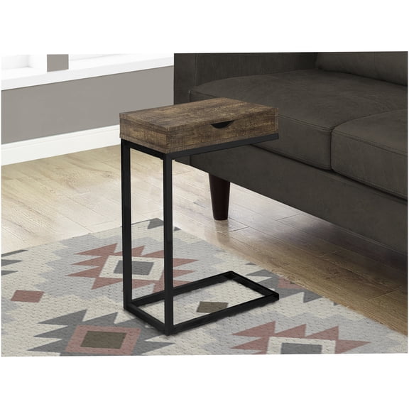 C-Shaped End Table with Storage Drawer, Brown Laminate Snack Table for Living Room, Bedroom, Modern Accent Table with Black Metal Base