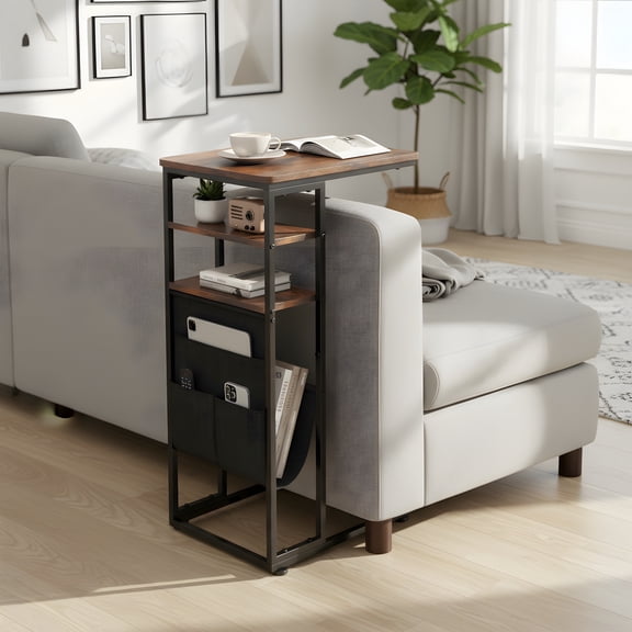 C-Shaped End Table with Storage - Retro Side Table for Small Spaces