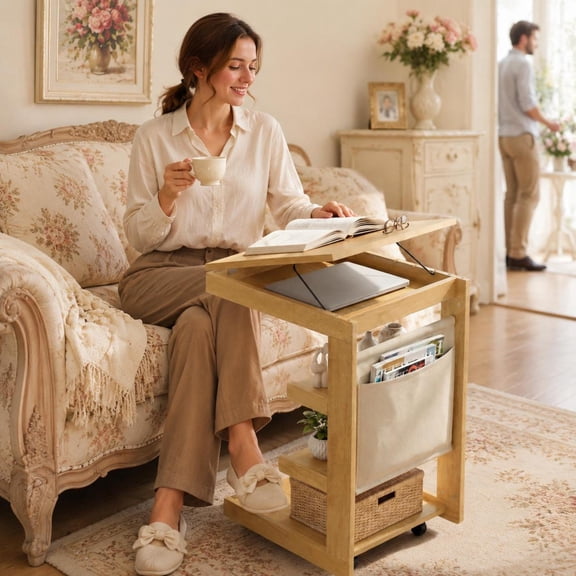 C-Shaped End Table with Wheels, Adjustable Tilt Desktop and Storage Shelves for Sofa Couch Bedside, Solid Rubber Wood, Natural