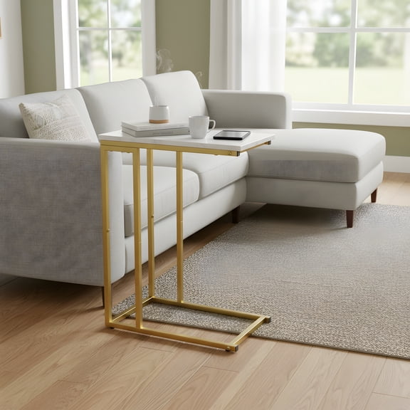 C-Shaped End Table with White Marble Top - Gold Metal Frame