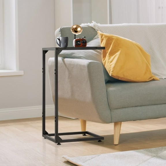 C-Shaped End Tables, Narrow Sofa Side Table, Small Bedside Coffee Table for Living Room, Bedroom - Wood Grain Top & Metal Frame, Industrial Look, Easy Assembly,Black