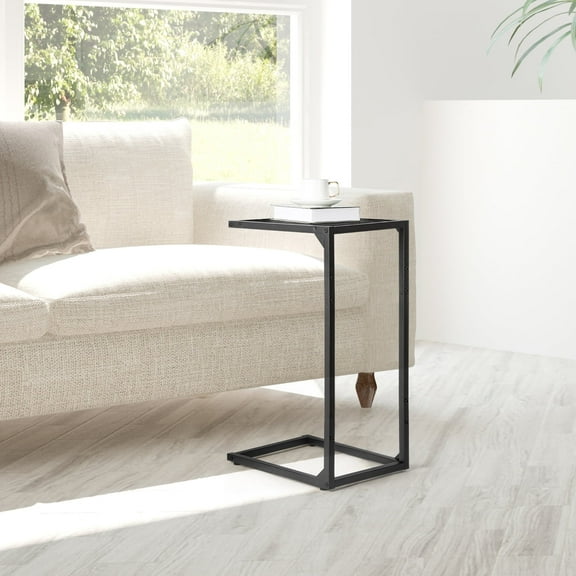 C-Shaped End Tables, Narrow Sofa Side Table, Small Bedside Coffee Table for Living Room, Bedroom - Wood Grain Top & Metal Frame, Industrial Look, Easy Assembly,Grey