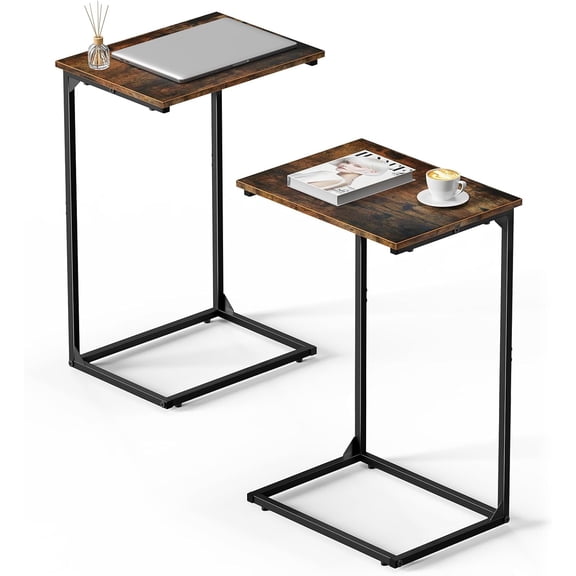 C Shaped End Tables Set of 2, Couch Tables that Slide Under Sofa, High Table TV Trays for Living Room & Bedroom, Modern Side Tables with Sturdy Metal Frame, Rustic Brown (Rustic Brown)