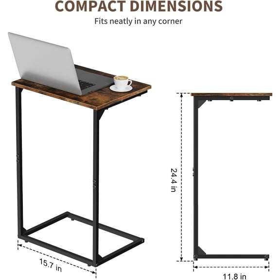 C Shaped End Tables Set of 2, Couch Tables That Slide Under Sofa, High Table TV Trays for Living Room & Bedroom, Modern Side Tables with Sturdy Metal Frame, Rustic Brown