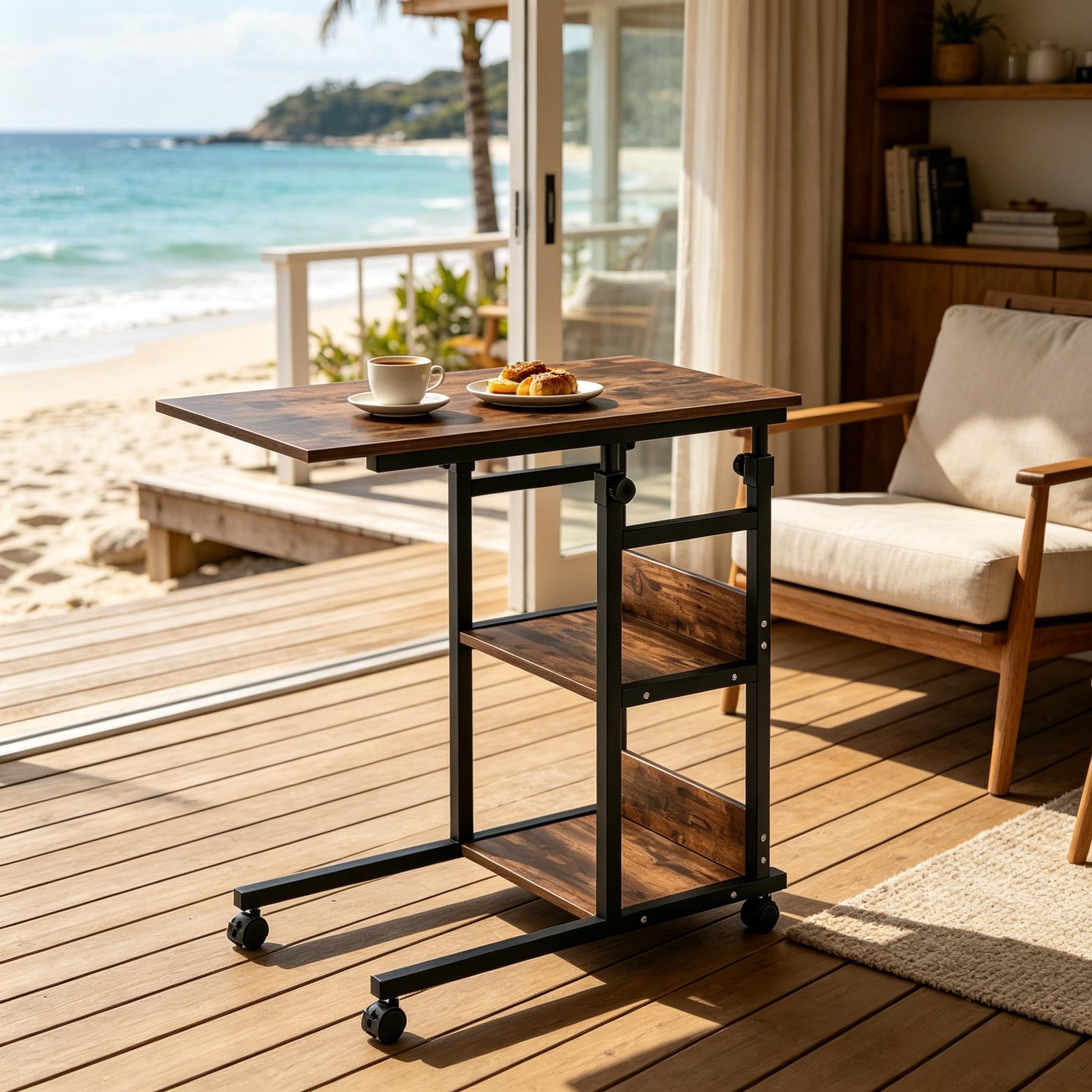 C-Shaped Height Adjustable Rolling Side Table, 3-Tier Mobile Utility Cart with Lockable Wheels, Multi-Purpose Sofa Snack Bar & Garden Table