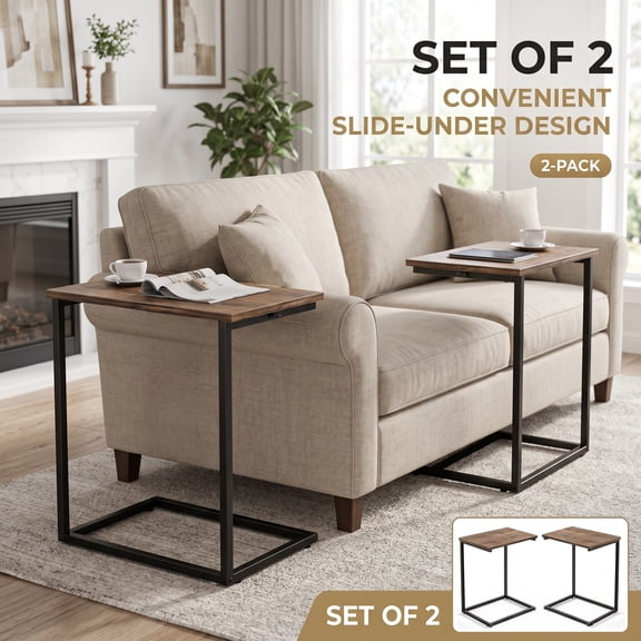 2 PCS C Shaped Sofa Side End Table,Side Table TV Tray Table for Sofa,Couch Table with metal frame for livingroom,Bedroom,Rustic Brown