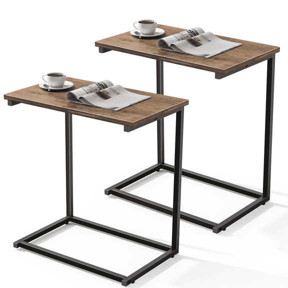 2pcs C Shaped Sofa Side End Table，Side Table TV Tray Table for Sofa,Couch Table with metal frame for livingroom,Bedroom,Rustic Brown