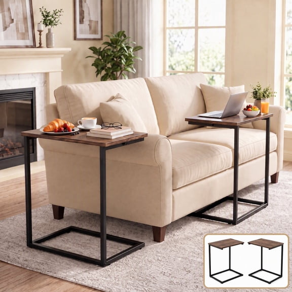 2 PCS C Shaped Sofa Side End Table,Side Table TV Tray Table for Sofa,Couch Table with metal frame for livingroom,Bedroom,Rustic Brown