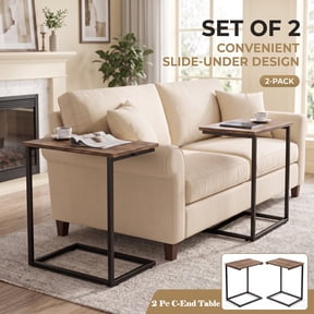 2 PCS C Shaped Sofa Side End Table,Side Table TV Tray Table for Sofa,Couch Table with metal frame for livingroom,Bedroom,Rustic Brown