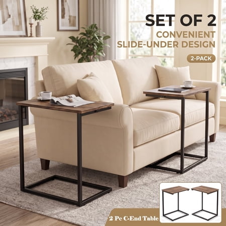 2 PCS C Shaped Sofa Side End Table,Side Table TV Tray Table for Sofa,Couch Table with metal frame for livingroom,Bedroom,Rustic Brown