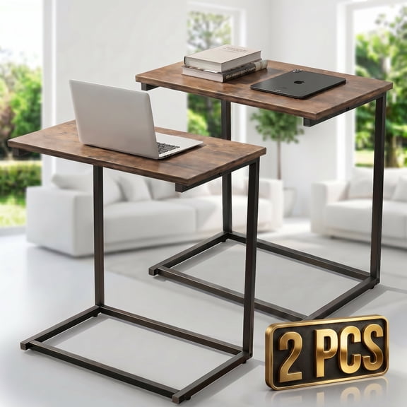 2 PCS C Shaped Sofa Side End Table,Side Table TV Tray Table for Sofa,Couch Table with metal frame for livingroom,Bedroom,Rustic Brown