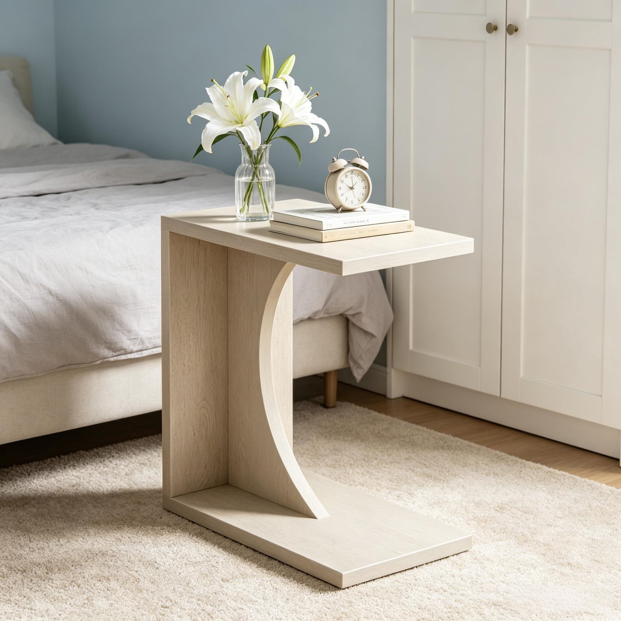 C-Shaped Narrow End Table 23.62in Wide MDF Sofa Side Table with Adjustable Feet, Slim Space Saving Side Table for Small Space Living Room Bedroom Laptop Coffee Drinks