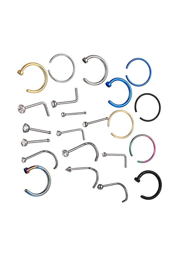 22PCS Nose Rings Set, Stainless Steel C Shape L Shape Corkscrew Hoop Nose Jewelry, 20g Mixed Nose Studs for Women, Gold Tone Nose Piercing Kit with Nose Hoops and Nose Screws