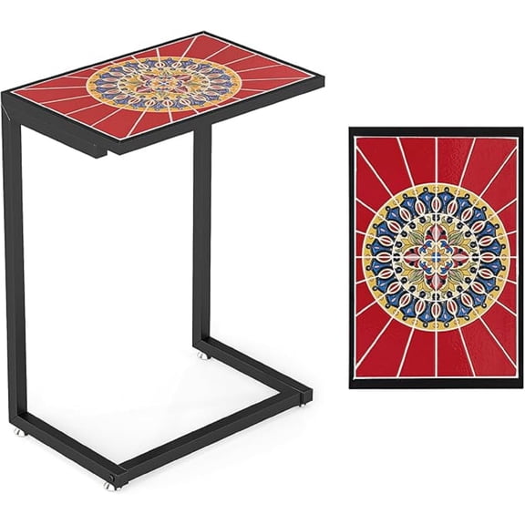 C-Shaped Outdoor Side Table, w/Ceramic Top & Anti-Rust Metal Frame, Small Patio End Table for Couch, Sofa & Bed, Outdoor & Indoor Accent Furniture for Living Room, Poolside, Balcony (1, Red)