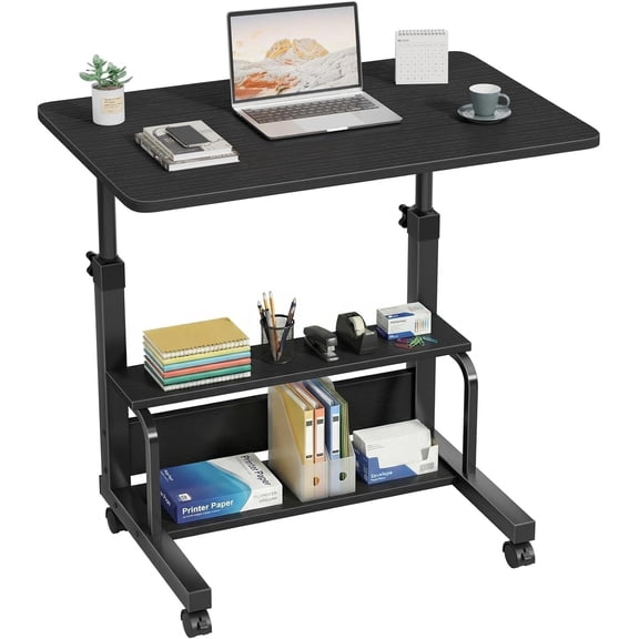 C-Shaped Rolling Laptop Desk with Wheels, 32" Rustic Brown Height-Adjustable Overbed Table and Two-Tier Storage Shelves for Small Spaces