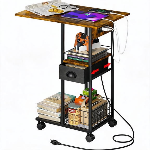 C-Shaped Rolling Side Table with Charging Station Featuring Type-C USB Port and AC Outlets