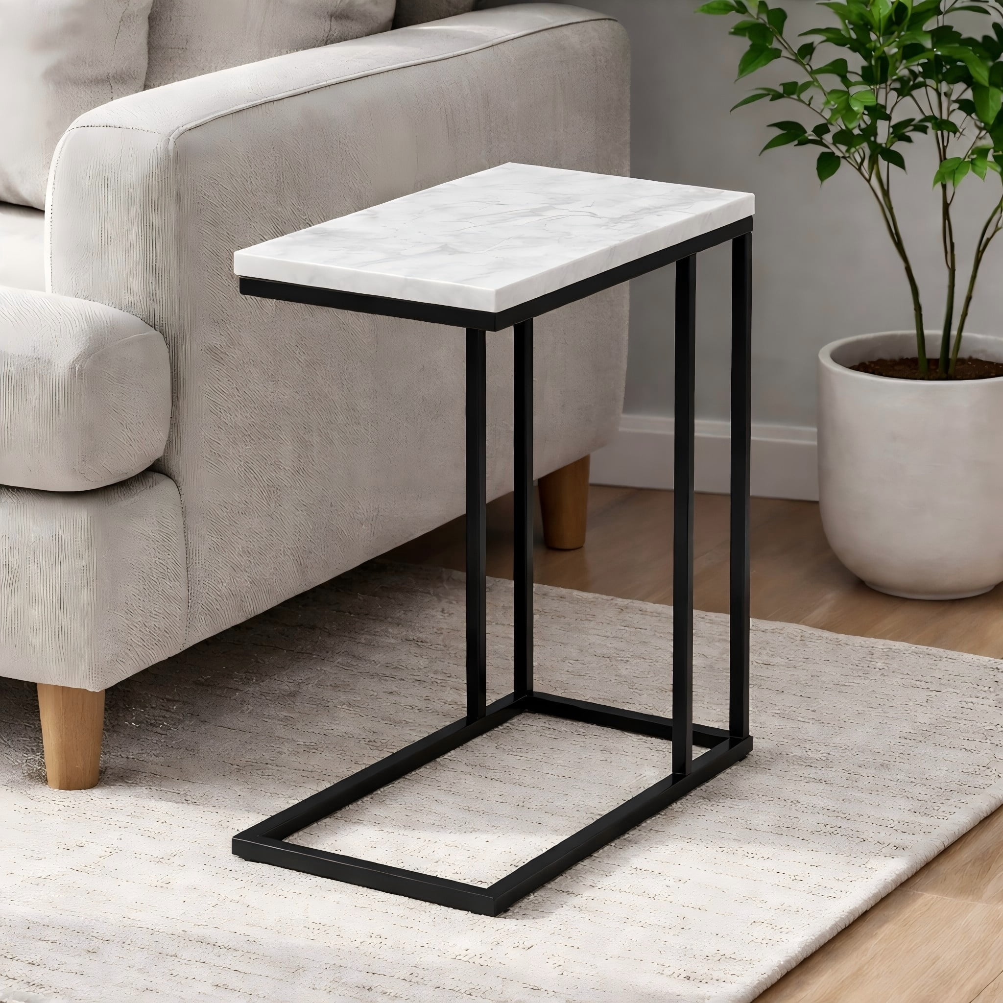 C-Shaped Side End Table with White Marble Top & Black Metal Frame, 16.25×9.5×24.75 Inch Slide Under Sofa Drink Table for Living Room
