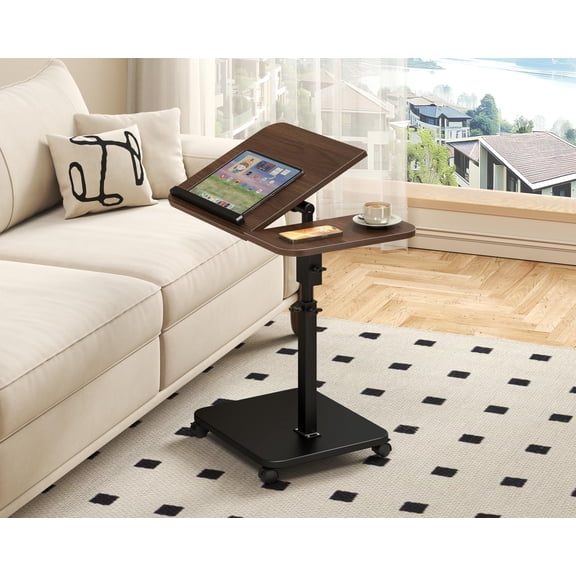 C Shaped Side Table, 180° Swivel & Adjustable Height Laptop Desk with 360° Wheels, Adjustable Couch Table that Slides Under Sofa, for Sofa Bed Bathtub, Mobile End Table for Living Room Bedroom
