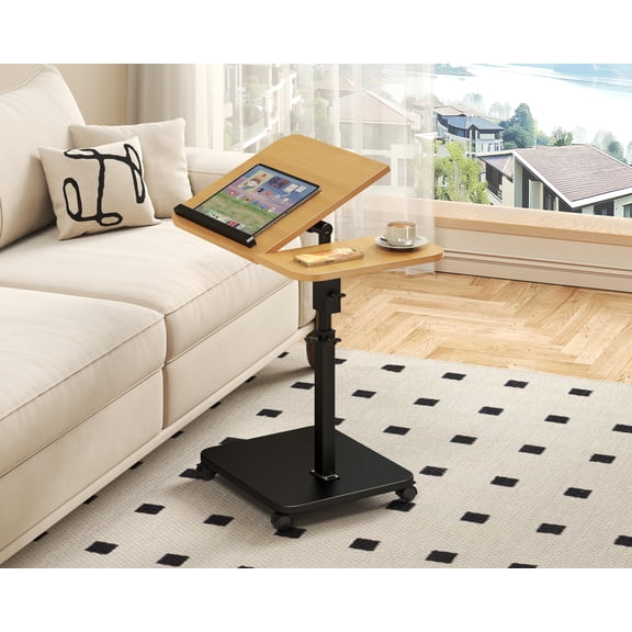 C Shaped Side Table, 180° Swivel & Adjustable Height Laptop Desk with 360° Wheels, Adjustable Couch Table that Slides Under Sofa, for Sofa Bed Bathtub, Mobile End Table for Living Room Bedroom