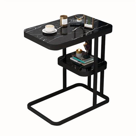 C Shaped Side Table, 2 Tier Couch End Table, Large Storage Sofa Side Table for Living Room Bedroom Easter Decoration, Suit for Place Books/ Tea Cups/ Snacks/ Drinks