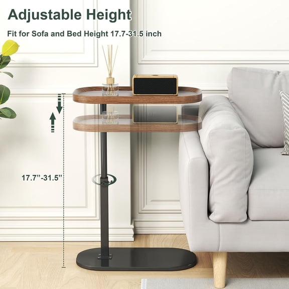 C Shaped Side Table Adjustable Height 360 Swivel Couch End Table for Sofa Bed Bathtub Small Coffee Table Walnut