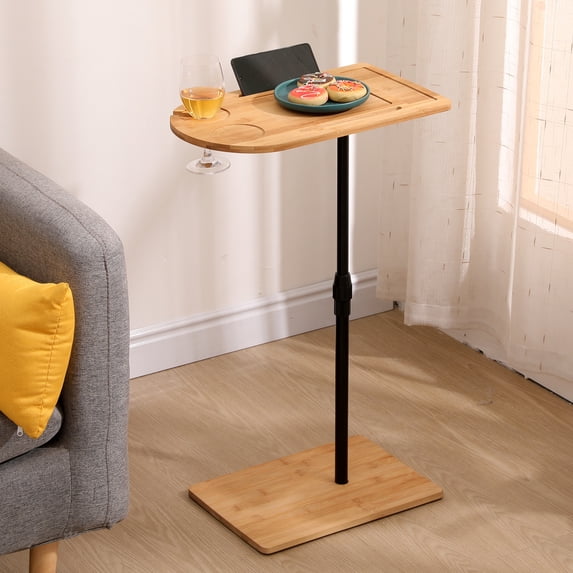 C Shaped Side Table with Adjustable Height, Bamboo Couch Tray Table with Phone & Tablet Stand, Snack Table with Cup Holder, Sofa Table for Living Room Small Spaces
