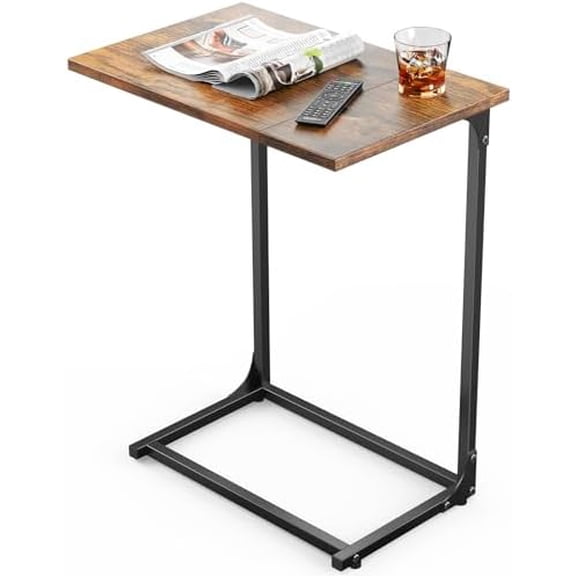 C-Shaped Side Table, C Table for Sofa with Two-Piece Desktop & Metal Frame, Large Surface End Table for Living Room, Bedroom, Bedside, Rustic Design