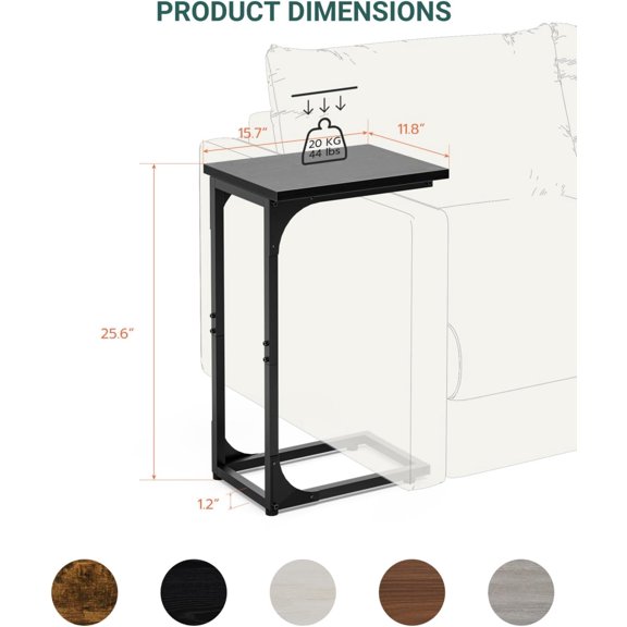 C-Shaped Side Table for Couch - Small Coffee Stand Sofa Tray Desk with Metal Frame and Waterproof Scratch Resistant, Modern End Accent for Living Room, Bedroom, Set of 2, Black