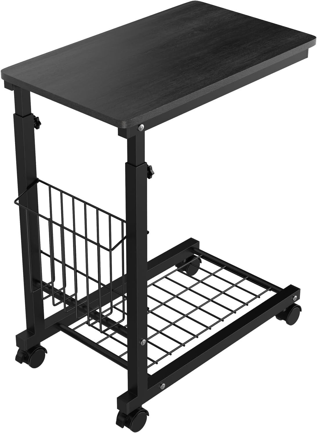 C Shaped Side Table Height Adjustable w/Wheels & Storage Shelves for