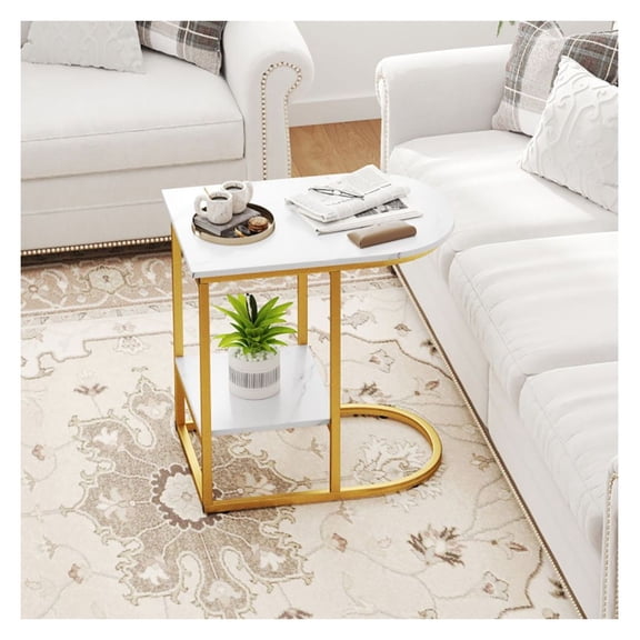 C Shaped Side Table, Modern Accent Table with Faux Marble Top, Living Room End Table, Small Sofa Table with Storage Shelf, White & Black
