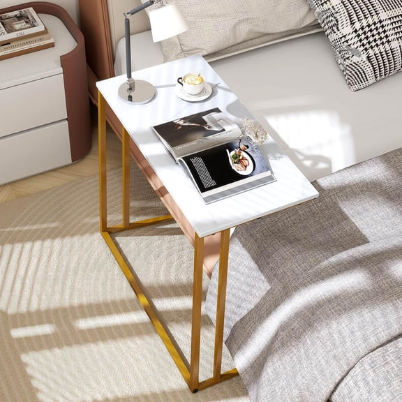 C-Shaped Side Table, Modern End Table with Metal Frame, Space Saving Design for Living Room,Large Surface Couch Table for Bedroom, and Home Office,24 x 12 x 24 inches (Marble White)