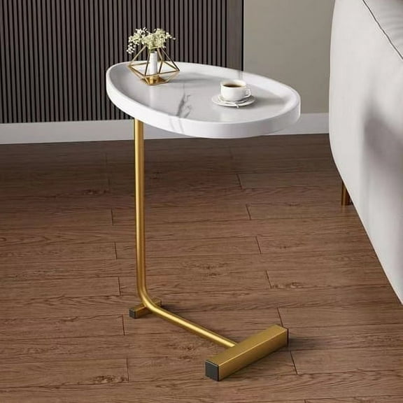 C-Shaped Side Table, Modern Small Coffee Table with Faux Marble Top, Couch Table Bedside Table Small Coffee Snack Accent Table for Living Room, Bedroom, White