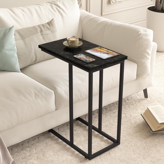 C-Shaped Side Table, Multi-Functional Snack & TV Tray for Living Room, Bedroom, Black Marble (2 Set)