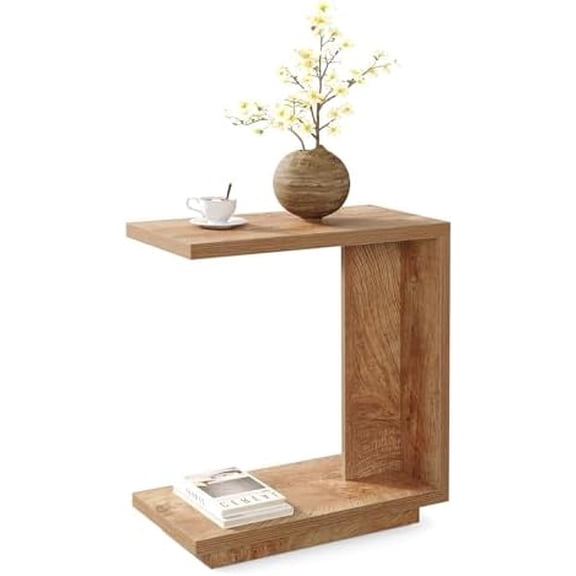 C-Shaped Side Table, Narrow 2-Tier End Table for Living Room, Couch, Bedroom, Bedside, Nightstand, Brown