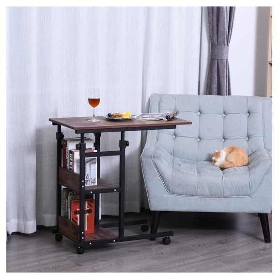 C Shaped Side Table, Rolling Sofa Table with 3 Tier Storage, Adjustable Height, Mobile End Table with Wheels for Living Room
