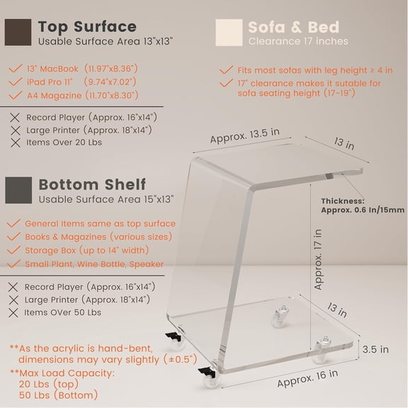 C Shaped Side Table for Sofa, Heavy Acrylic Mobile End Table on Wheels, Modern Rolling Snack & Drink Use for Living Room & Bedroom, Space-Efficient Design with Sturdy Construction, 15mm Thick