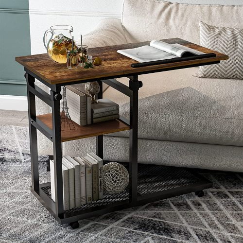 CShaped Side Table with Storage Shelves,Height Adjustable Bedside