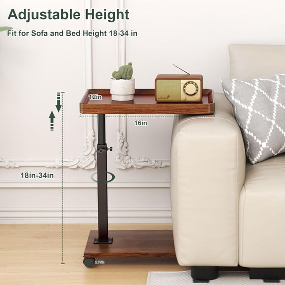 C Shaped Side Table with Wheels, Adjustable Height C Shaped End Table for Couch, 360 ° Swivel Side Tables That Slide Under, Modern Small Coffee C Table End Table for Sofa/Bed/Bathtub (Brown)