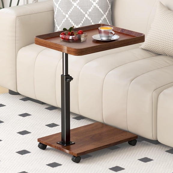 C Shaped Side Table with Wheels, Adjustable Height C Shaped End Table for Couch, 360Swivel Side Tables that Slide Under, Rolling Small Coffee C Table End Table for Sofa/Bed/Bathtub (Brown)