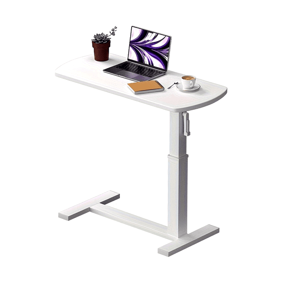 C-Shaped Side Table with Wheels, Adjustable Laptop Table with Hand Crank, Sofa Table with Metal Frame, Stable Chassis, for Sofa Bedroom Living Room Office, White