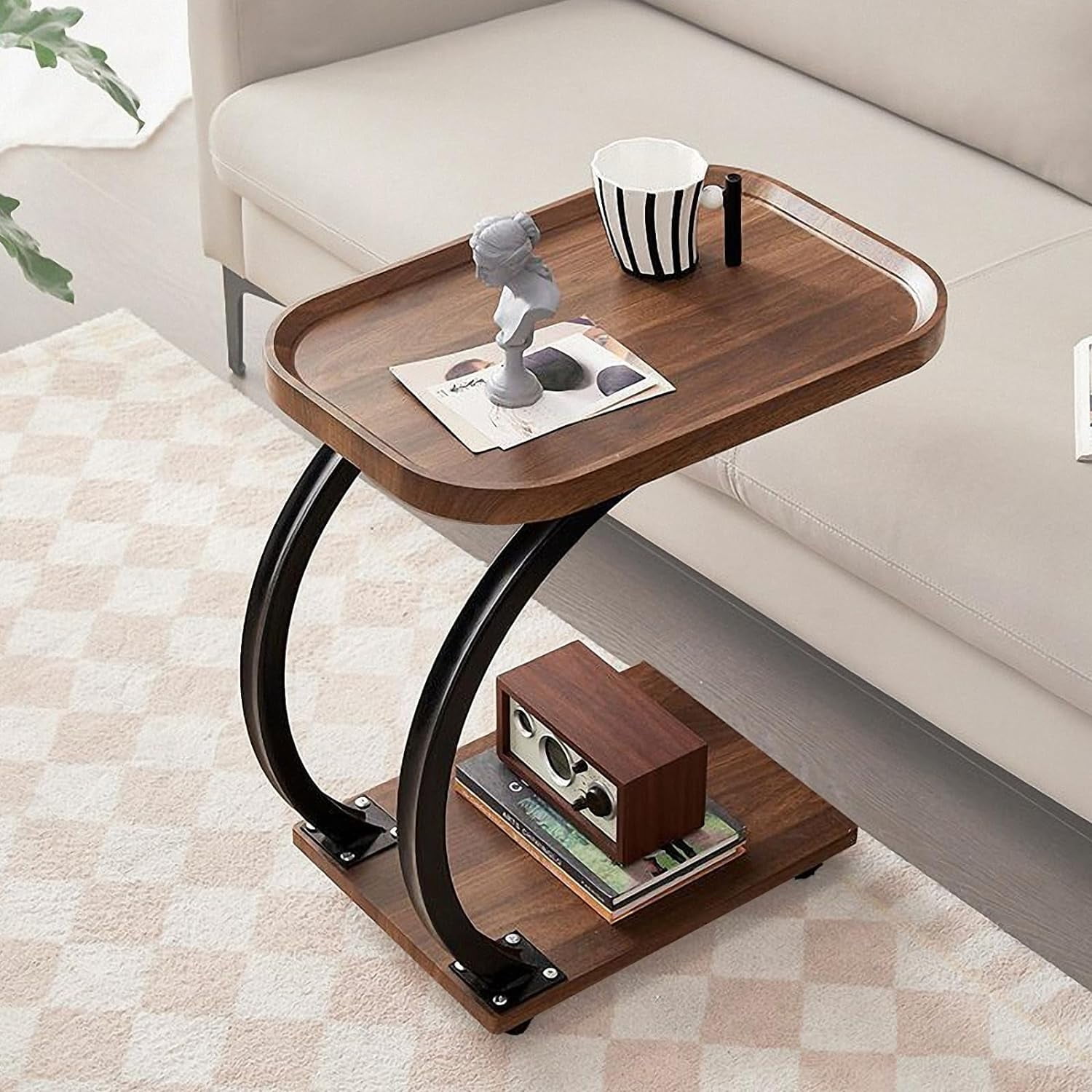 C Shaped Side Table with Wheels, Modern C Table End Table for Sofa and