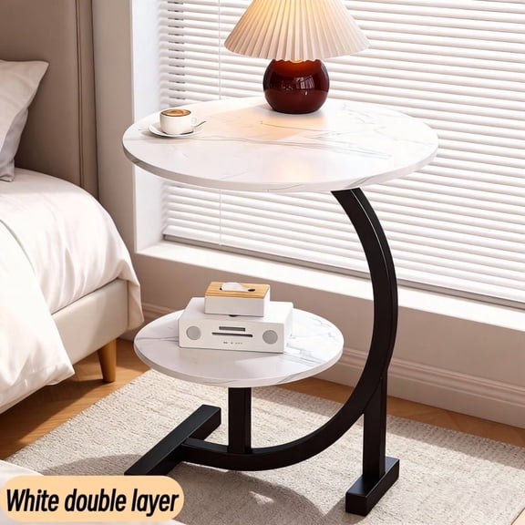 C Shaped Side Table with 2-Tier Faux Marble Top, White End Table for Sofa Bed, Living Room