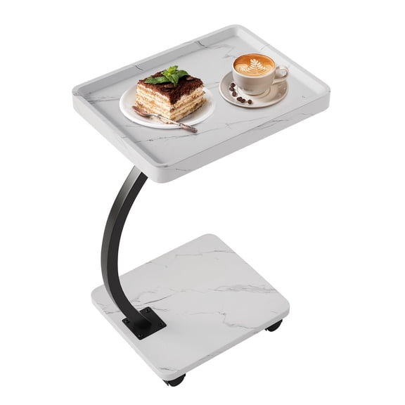 C-Shaped Side Table with 360 Swivel Top, Lockable Rolling Wheels, Sturdy Frame for Sofa and Bed