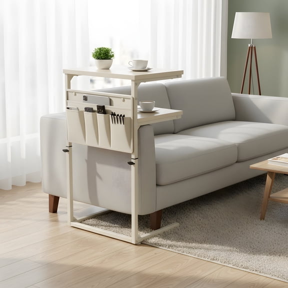 C Shaped Side Table with Adjustable Height - Rustic Cream White Finish