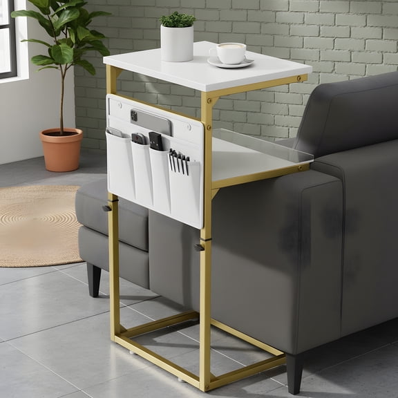 C Shaped Side Table with Adjustable Height - Rustic Golden Finish
