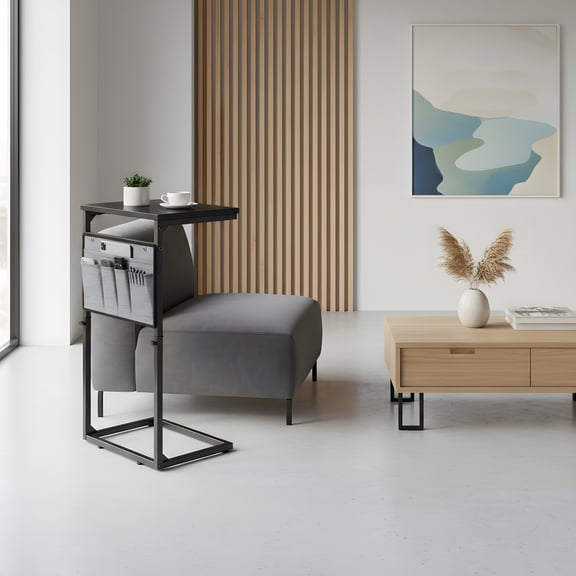 C-Shaped Side Table with Adjustable Height - Rustic Living Room Accent