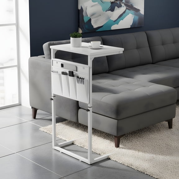 C Shaped Side Table with Adjustable Height - White End Table for Small Spaces