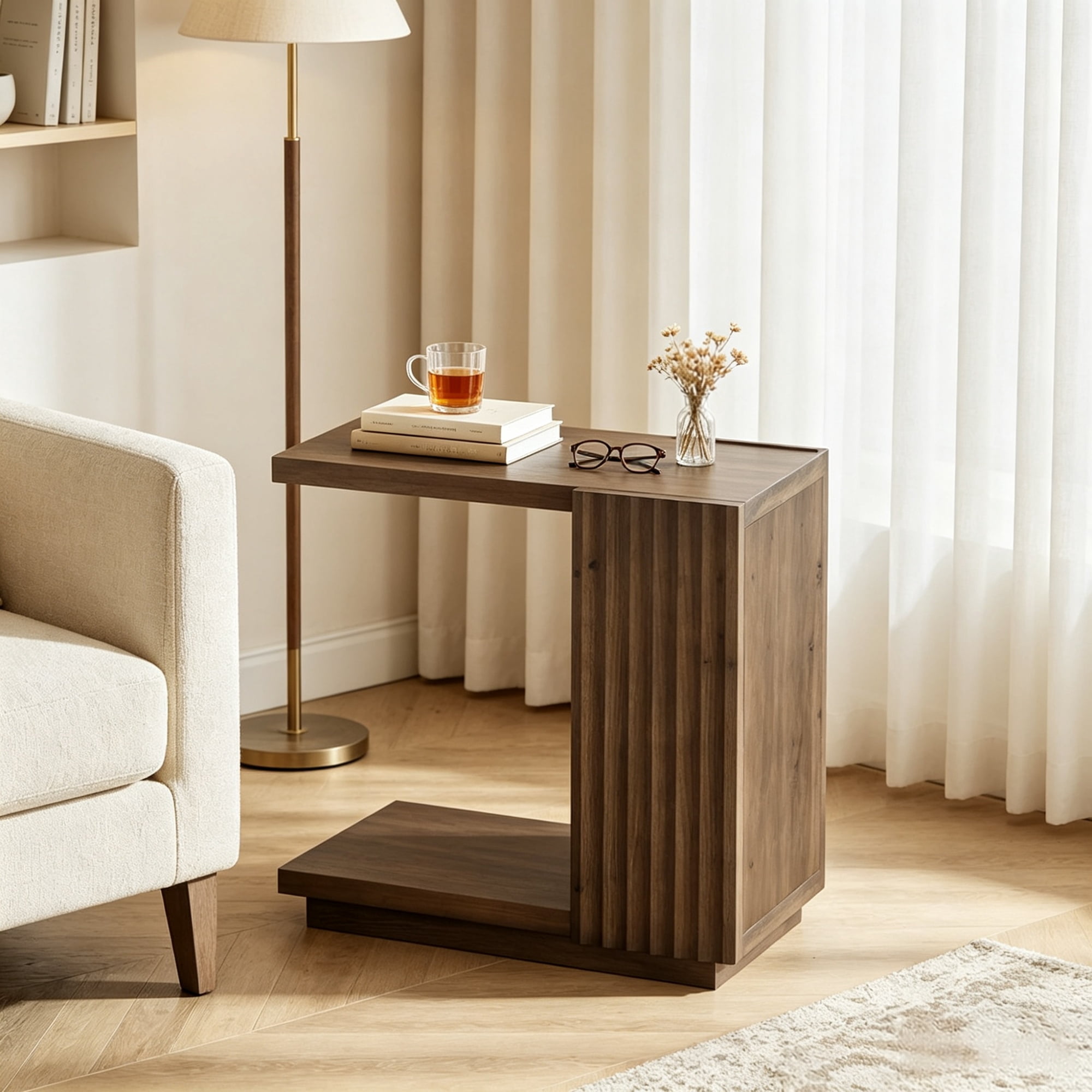 C Shaped Side Table with Fluted Panels, Wood Accent Table