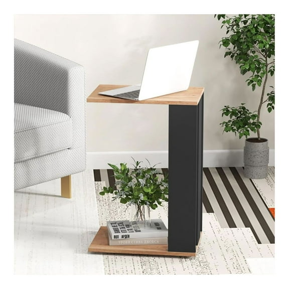 C-Shaped Side Table with Wheels, 2-Tier End Table - Rustic Brown & Black