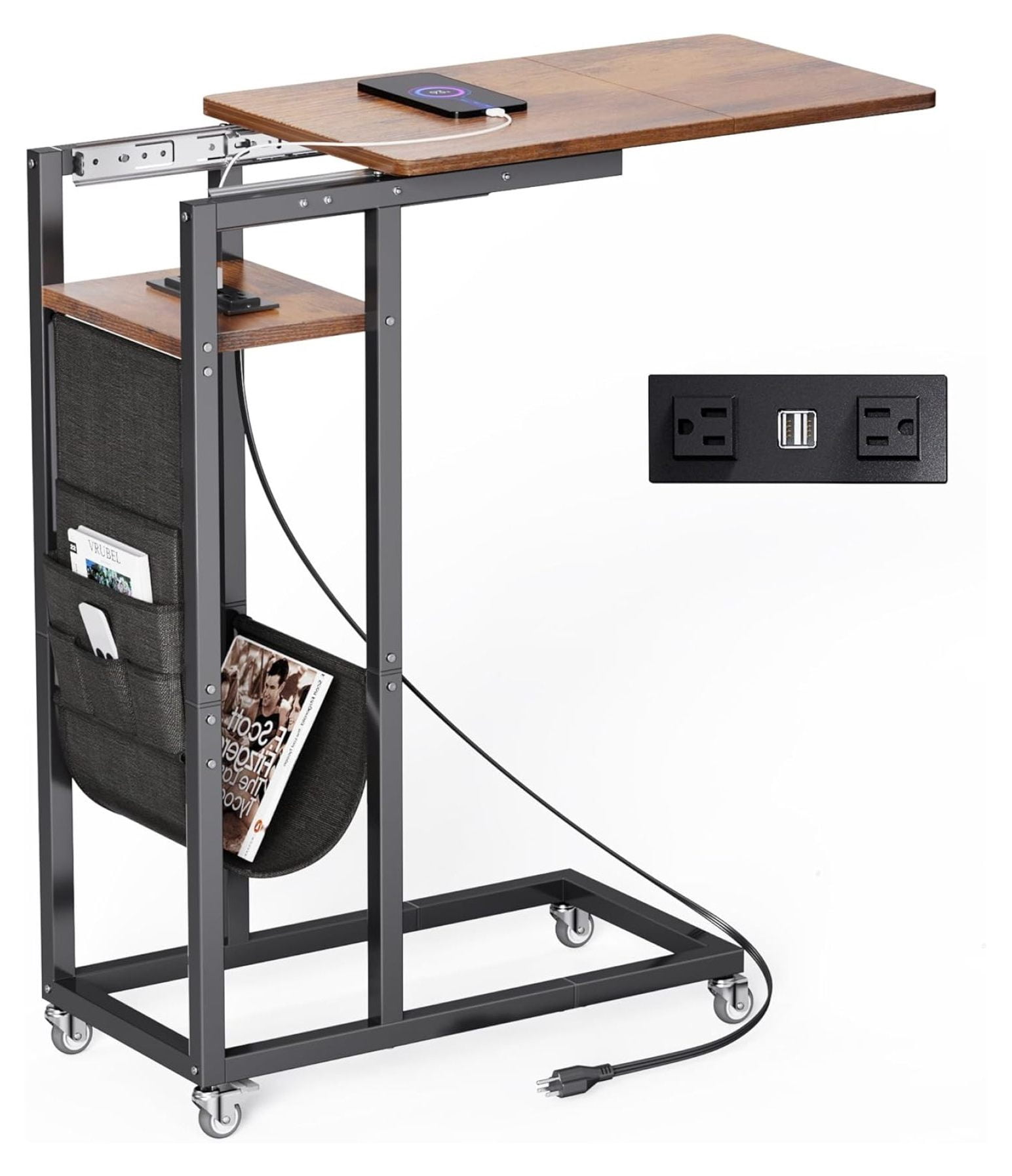 C Shaped Slide Cover End Table with Charging Station, Narrow Sofa Side ...